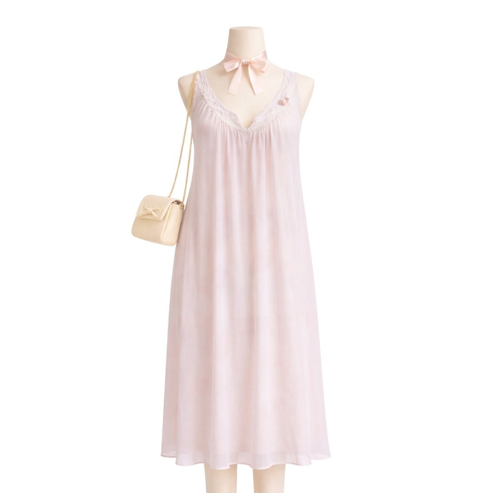 VTG Lorraine Pale Pink Sheer Nightgown Large‎ 80s Lace Rosette Coquette Slip